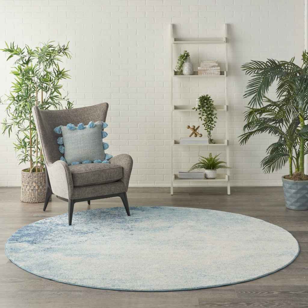 8' Ivory And Blue Round Abstract Power Loom Area Rug