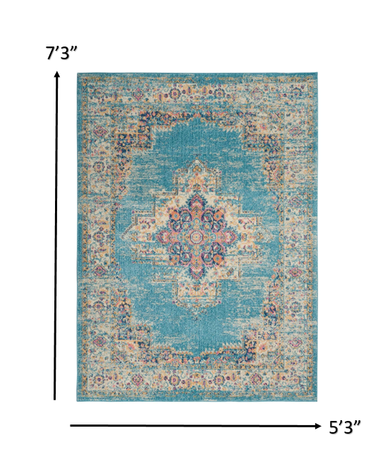 5' X 7' Light Blue Southwestern Power Loom Area Rug
