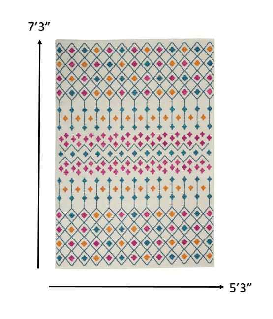 5' X 7' Blue And Ivory Geometric Dhurrie Area Rug