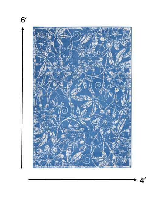 4' X 6' Blue Floral Dhurrie Area Rug