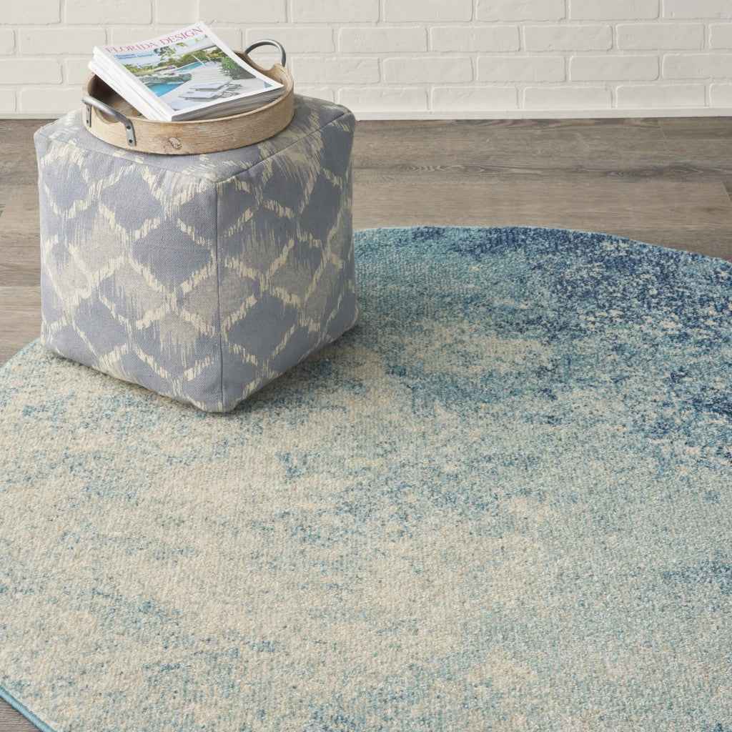 5' Ivory And Blue Round Abstract Power Loom Area Rug