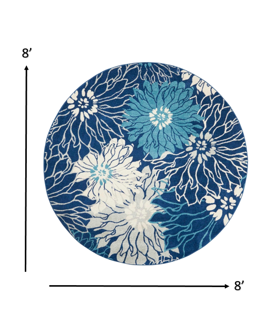 8' Blue And Ivory Round Floral Dhurrie Area Rug