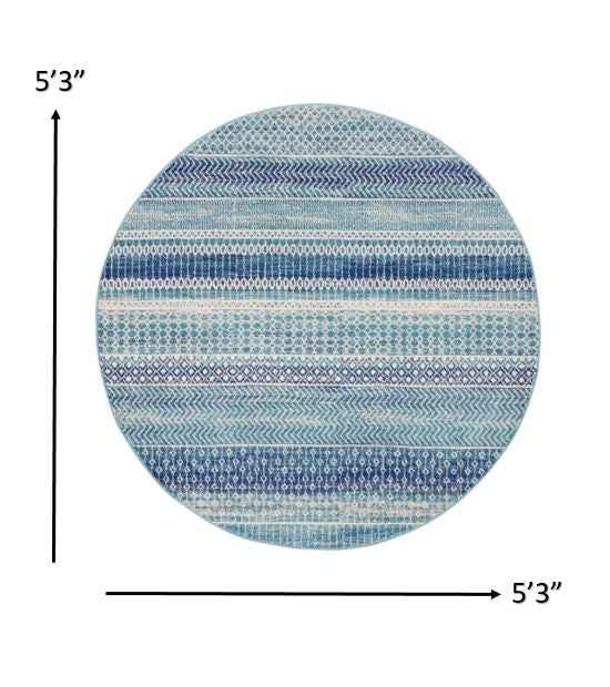 5' Navy Blue Round Southwestern Power Loom Area Rug