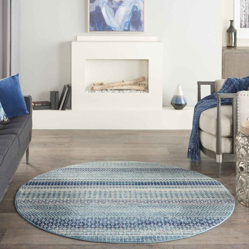 5' Navy Blue Round Southwestern Power Loom Area Rug