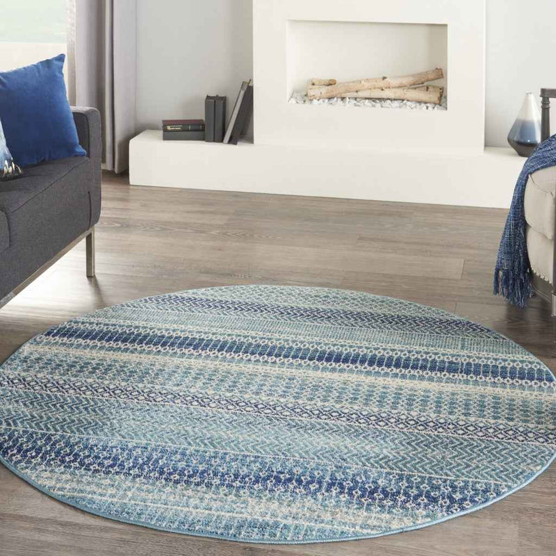 5' Navy Blue Round Southwestern Power Loom Area Rug