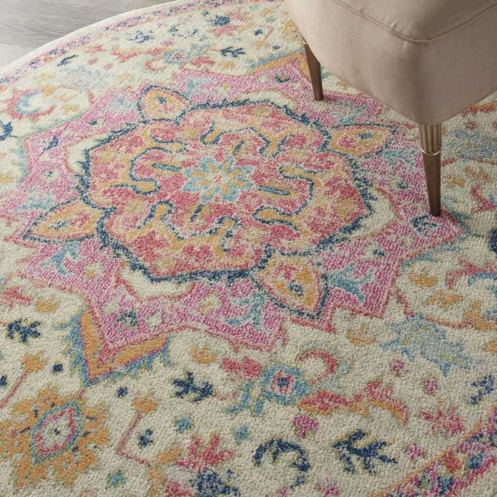 5' Pink And Ivory Round Southwestern Dhurrie Area Rug