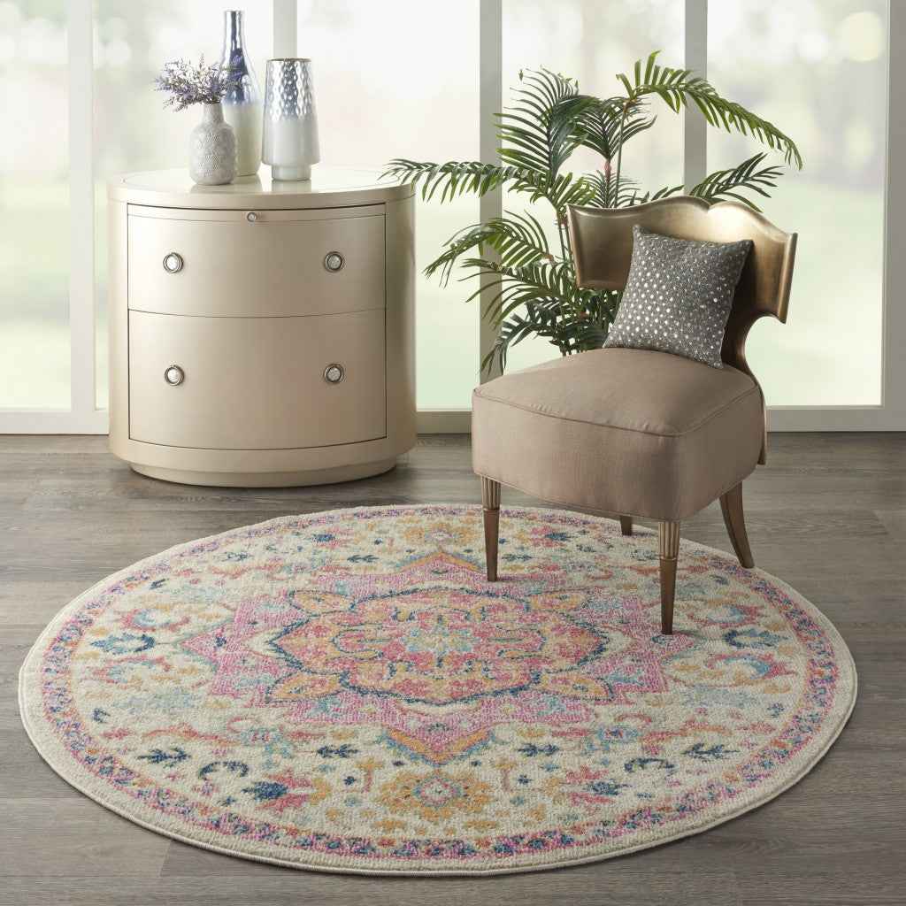5' Pink And Ivory Round Southwestern Dhurrie Area Rug