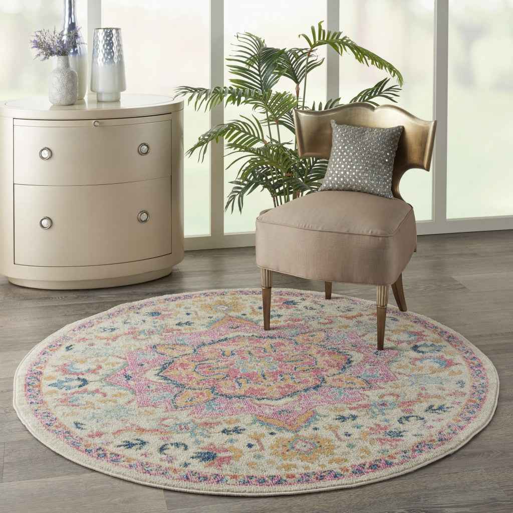 5' Pink And Ivory Round Southwestern Dhurrie Area Rug