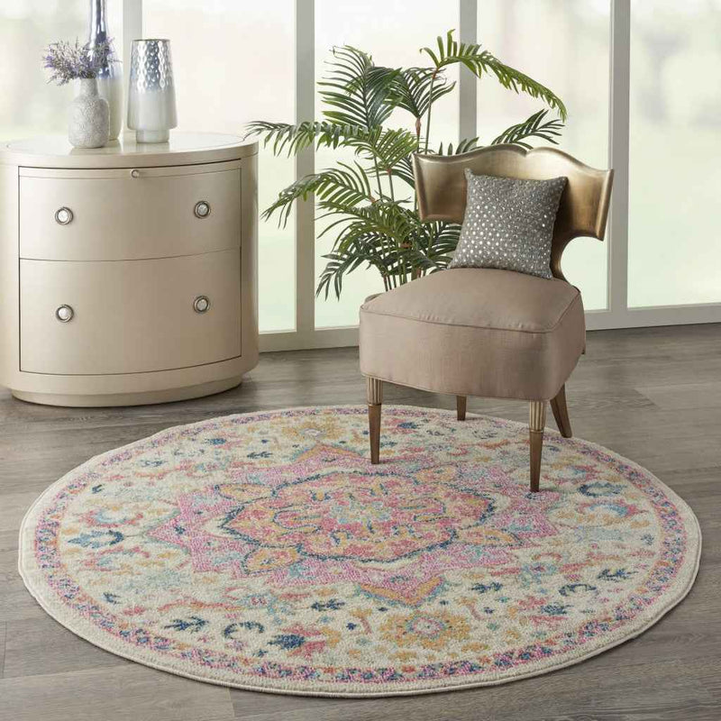 5' Pink And Ivory Round Southwestern Dhurrie Area Rug