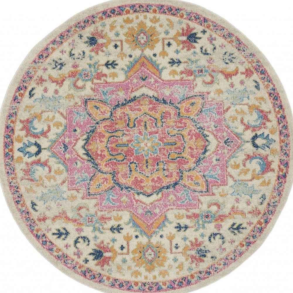 5' Pink And Ivory Round Southwestern Dhurrie Area Rug