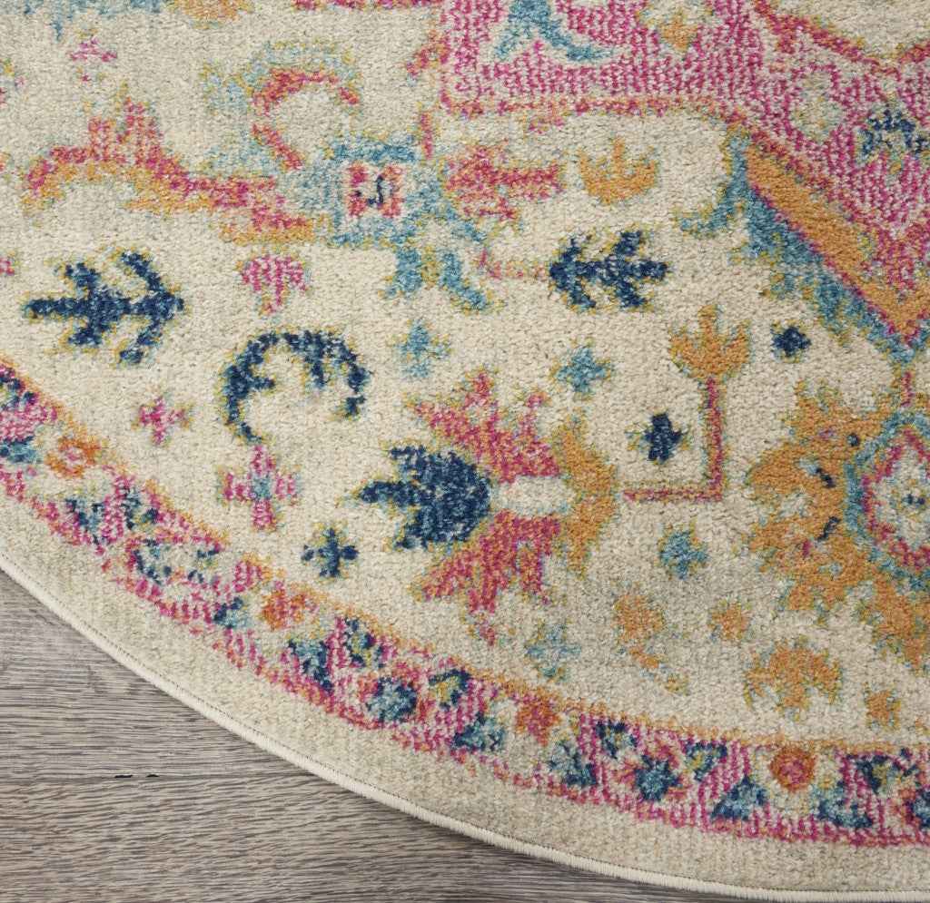 5' Pink And Ivory Round Southwestern Dhurrie Area Rug
