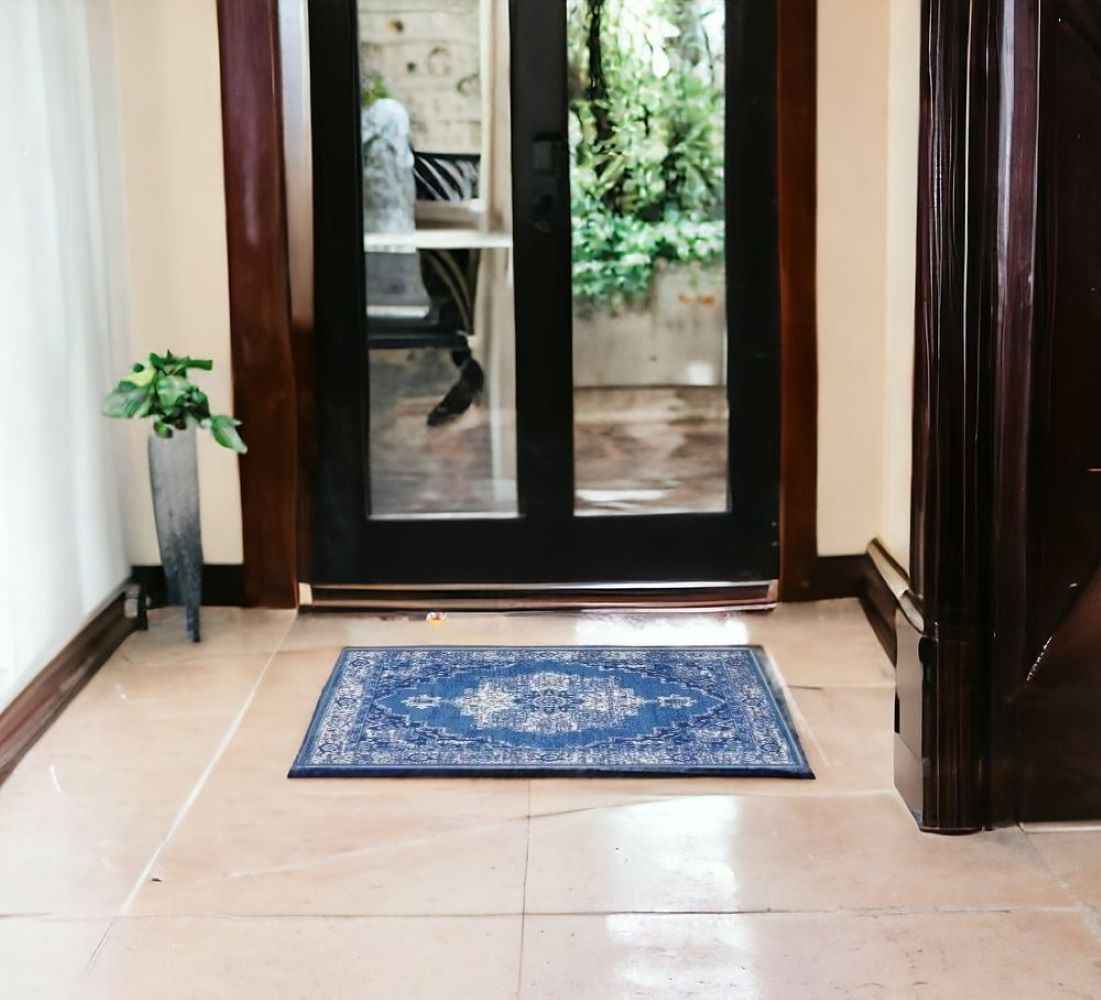 6' X 9' Navy Blue Floral Dhurrie Area Rug