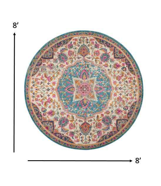8' Pink And Green Round Dhurrie Area Rug