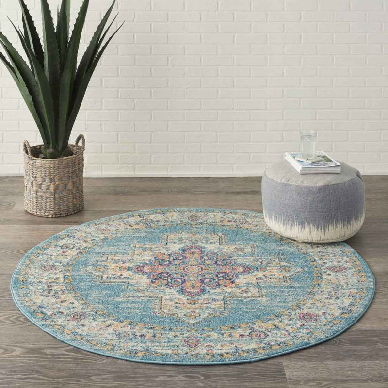 4' Light Blue Round Southwestern Power Loom Area Rug