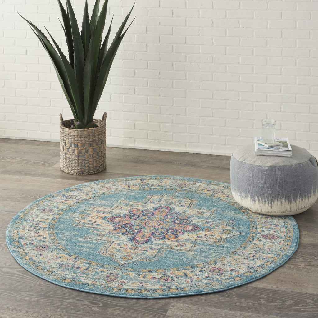 4' Light Blue Round Southwestern Power Loom Area Rug