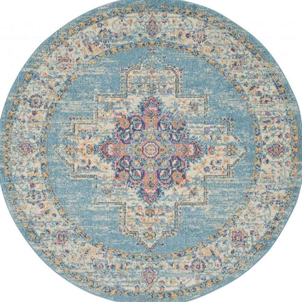 4' Light Blue Round Southwestern Power Loom Area Rug