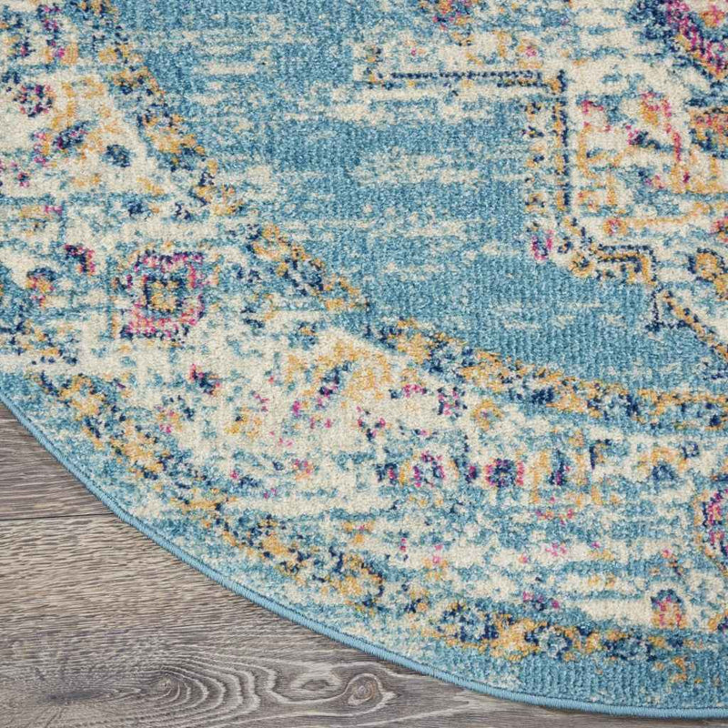 4' Light Blue Round Southwestern Power Loom Area Rug
