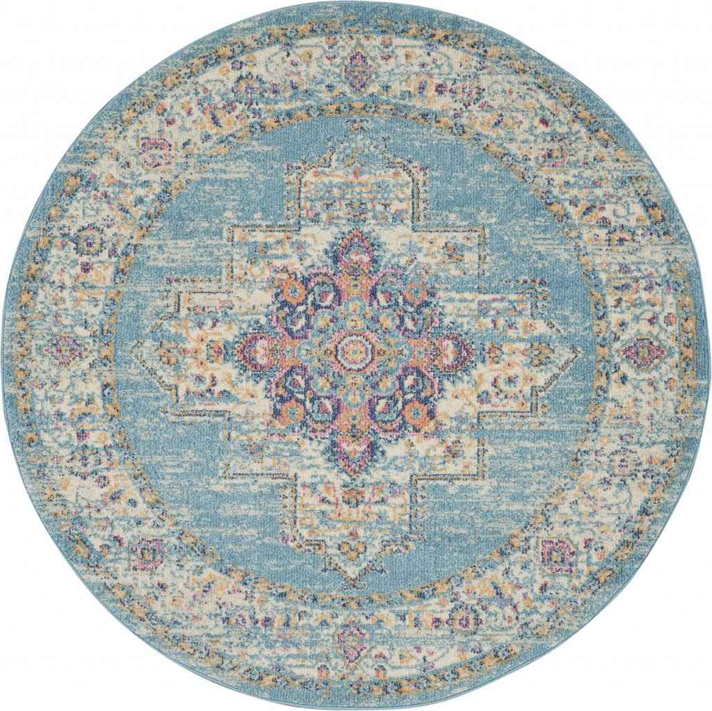4' Light Blue Round Southwestern Power Loom Area Rug