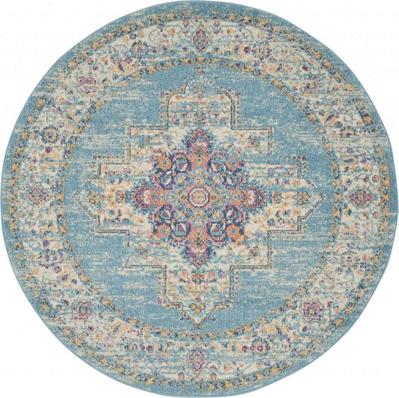 4' Light Blue Round Southwestern Power Loom Area Rug