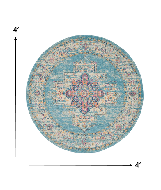 4' Light Blue Round Southwestern Power Loom Area Rug