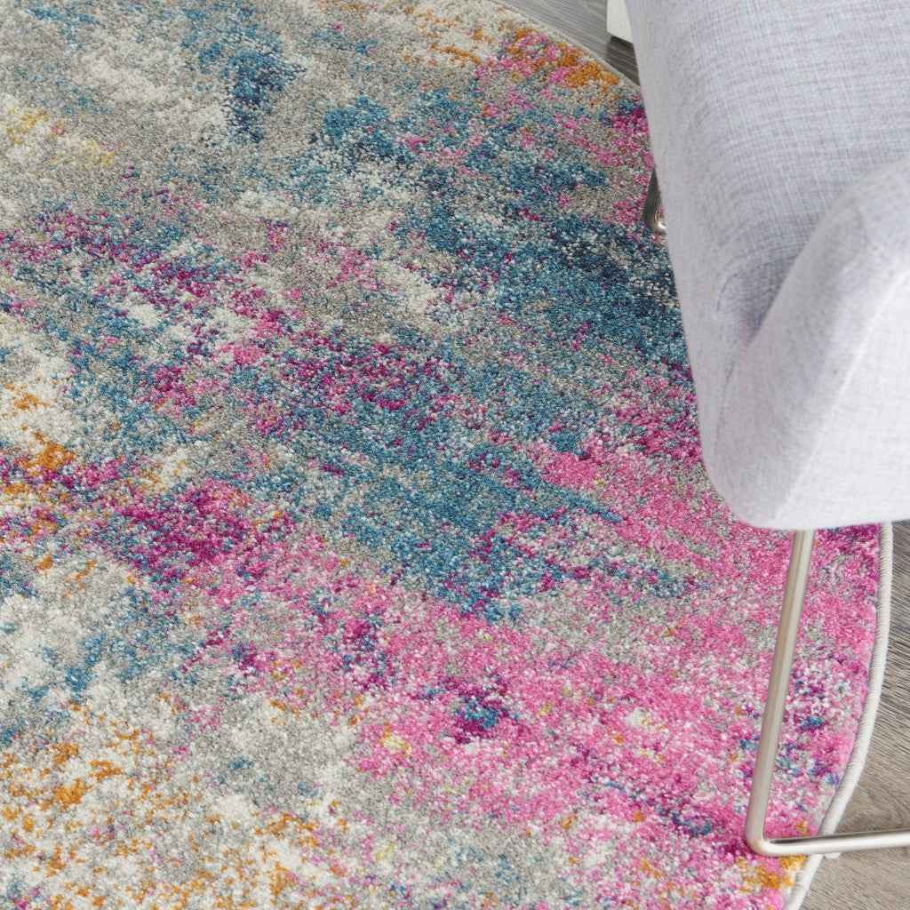 4' Blue And Pink Round Abstract Power Loom Area Rug