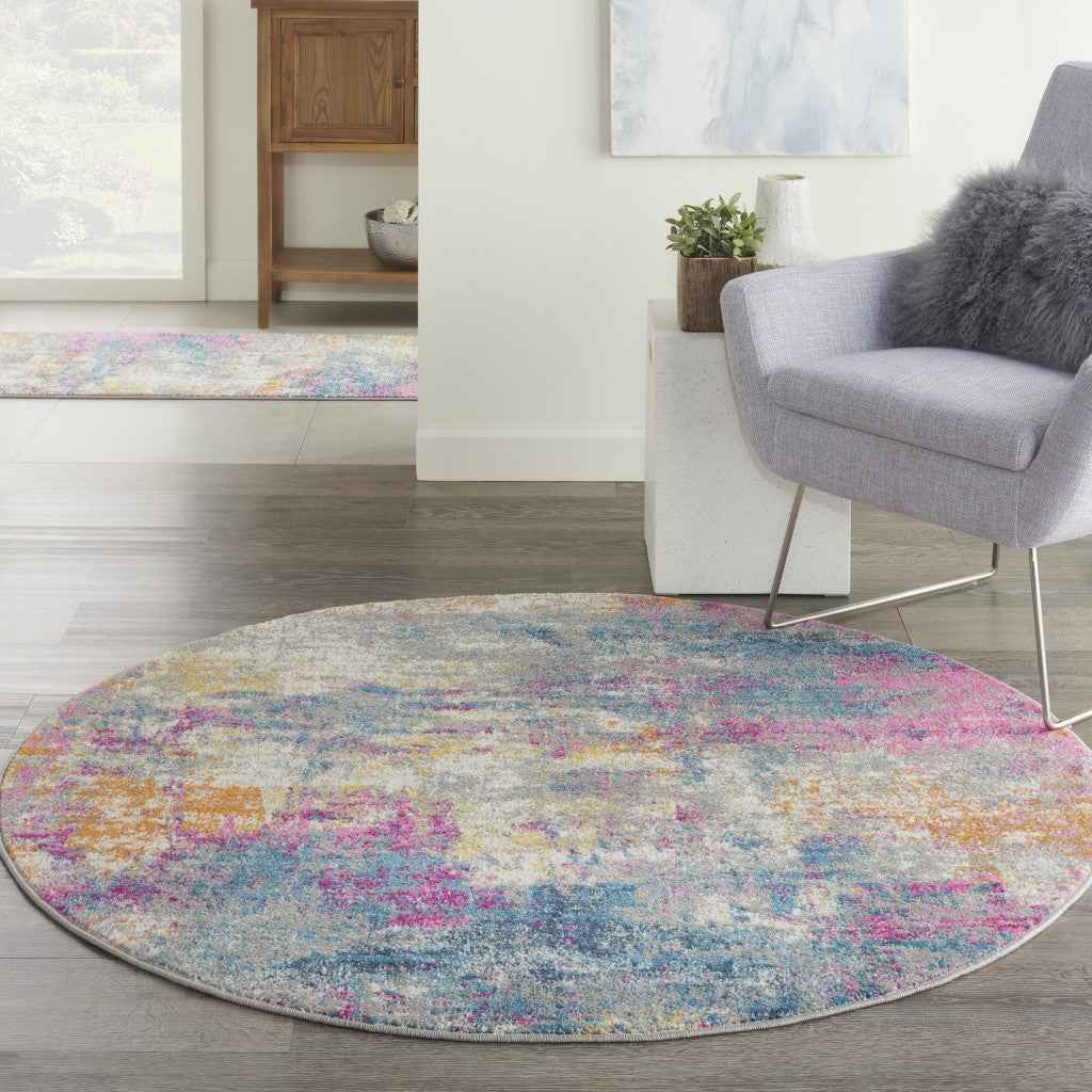 4' Blue And Pink Round Abstract Power Loom Area Rug
