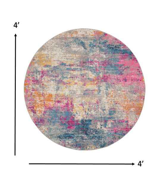 4' Blue And Pink Round Abstract Power Loom Area Rug