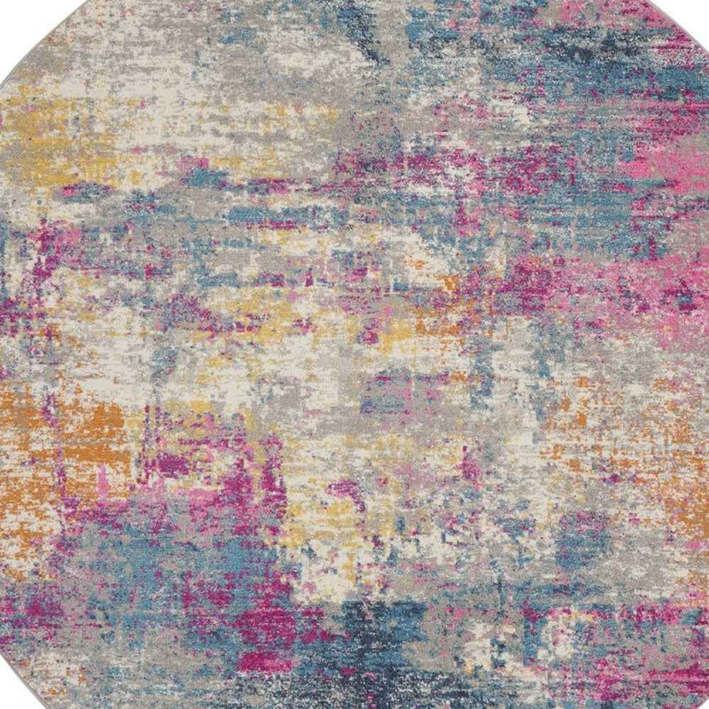 4' Blue And Pink Round Abstract Power Loom Area Rug