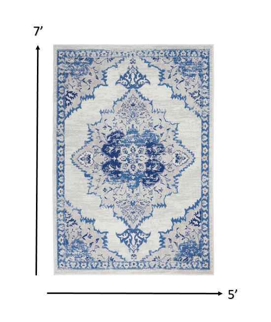 5' X 7' Navy Blue Floral Dhurrie Area Rug