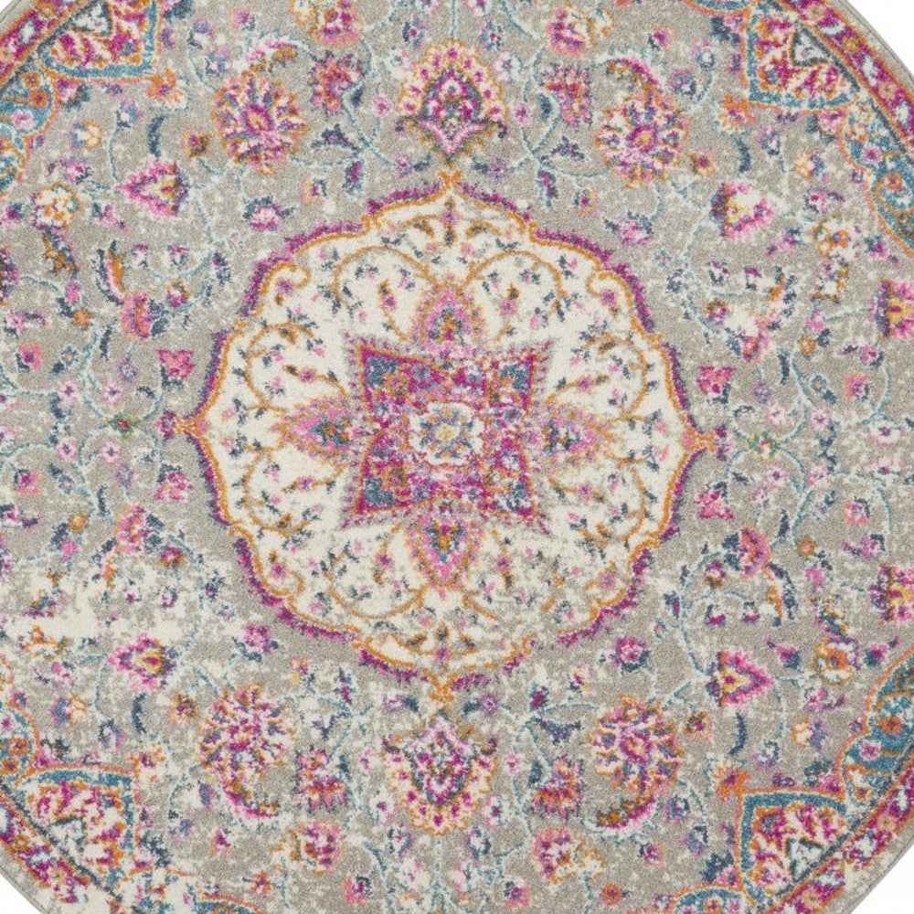 5' Gray and Pink Round Medallion Power Loom Area Rug