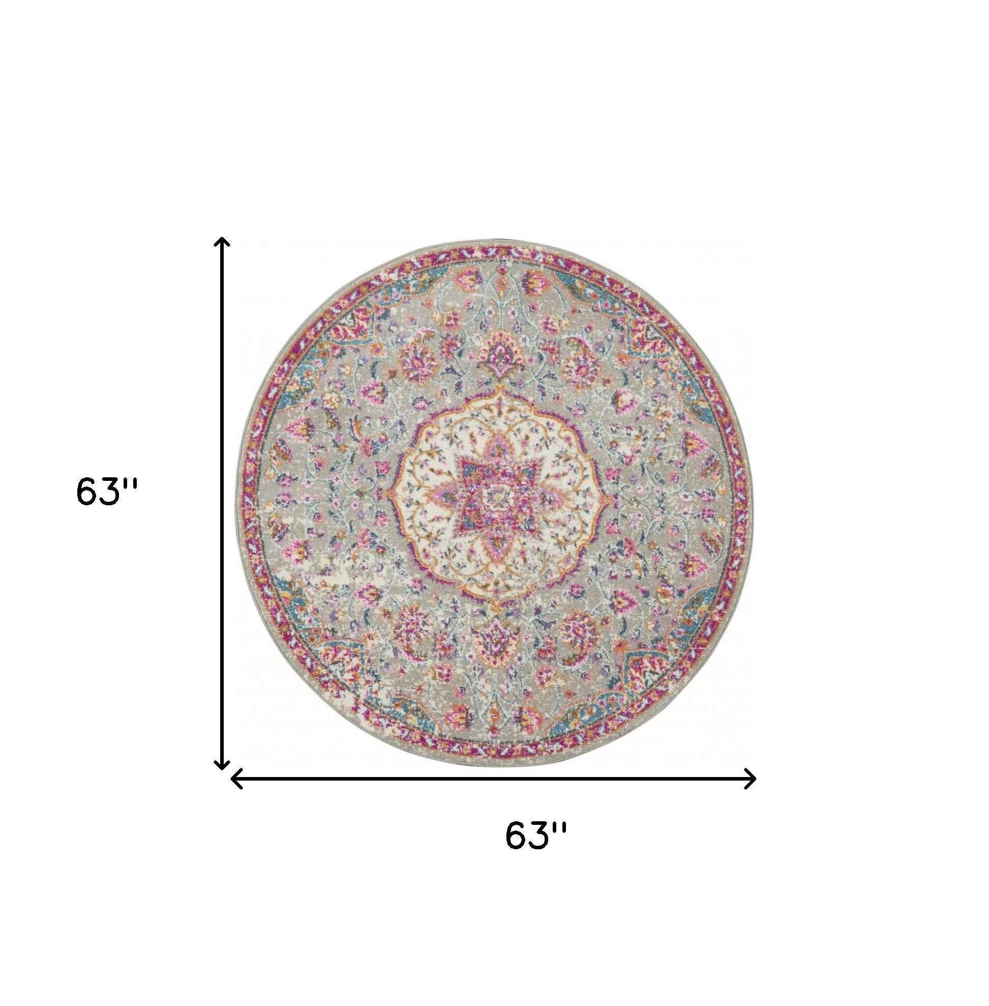 5' Gray and Pink Round Medallion Power Loom Area Rug