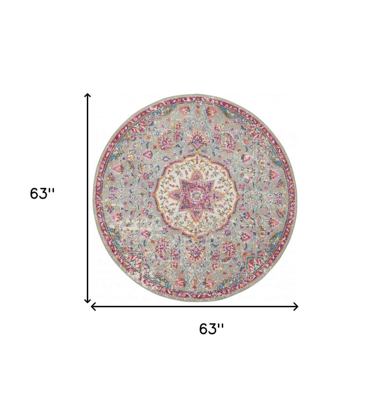 5' Gray and Pink Round Medallion Power Loom Area Rug