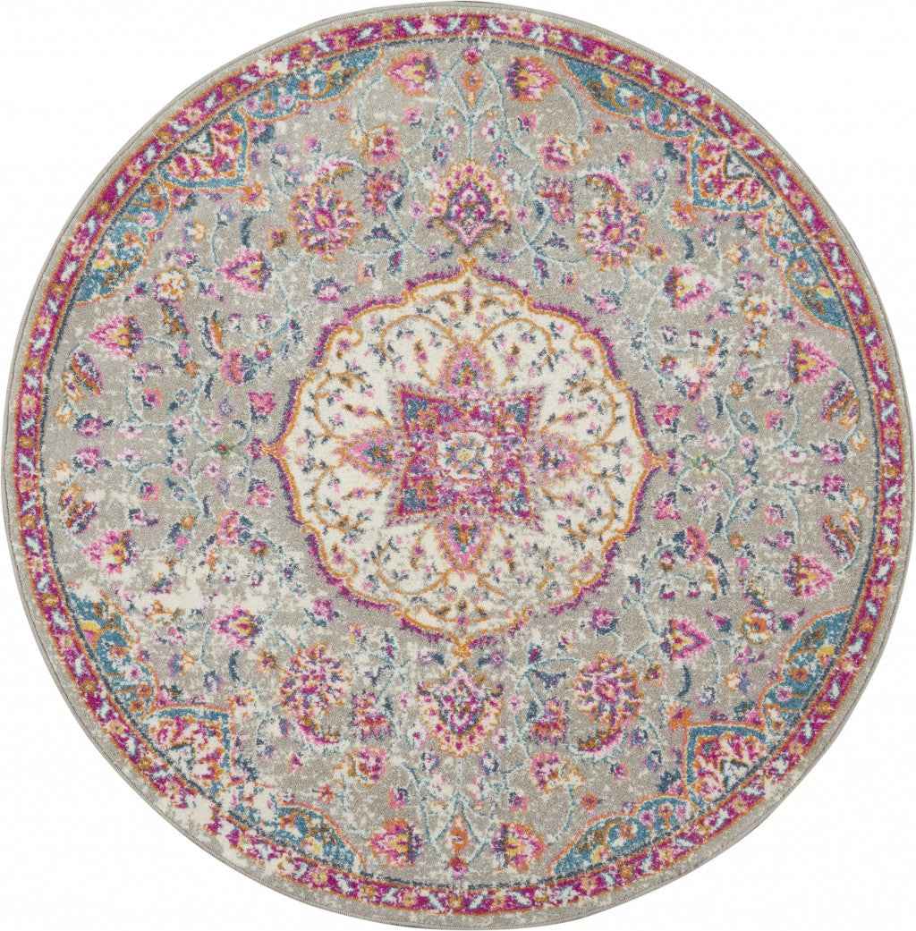 5' Gray and Pink Round Medallion Power Loom Area Rug