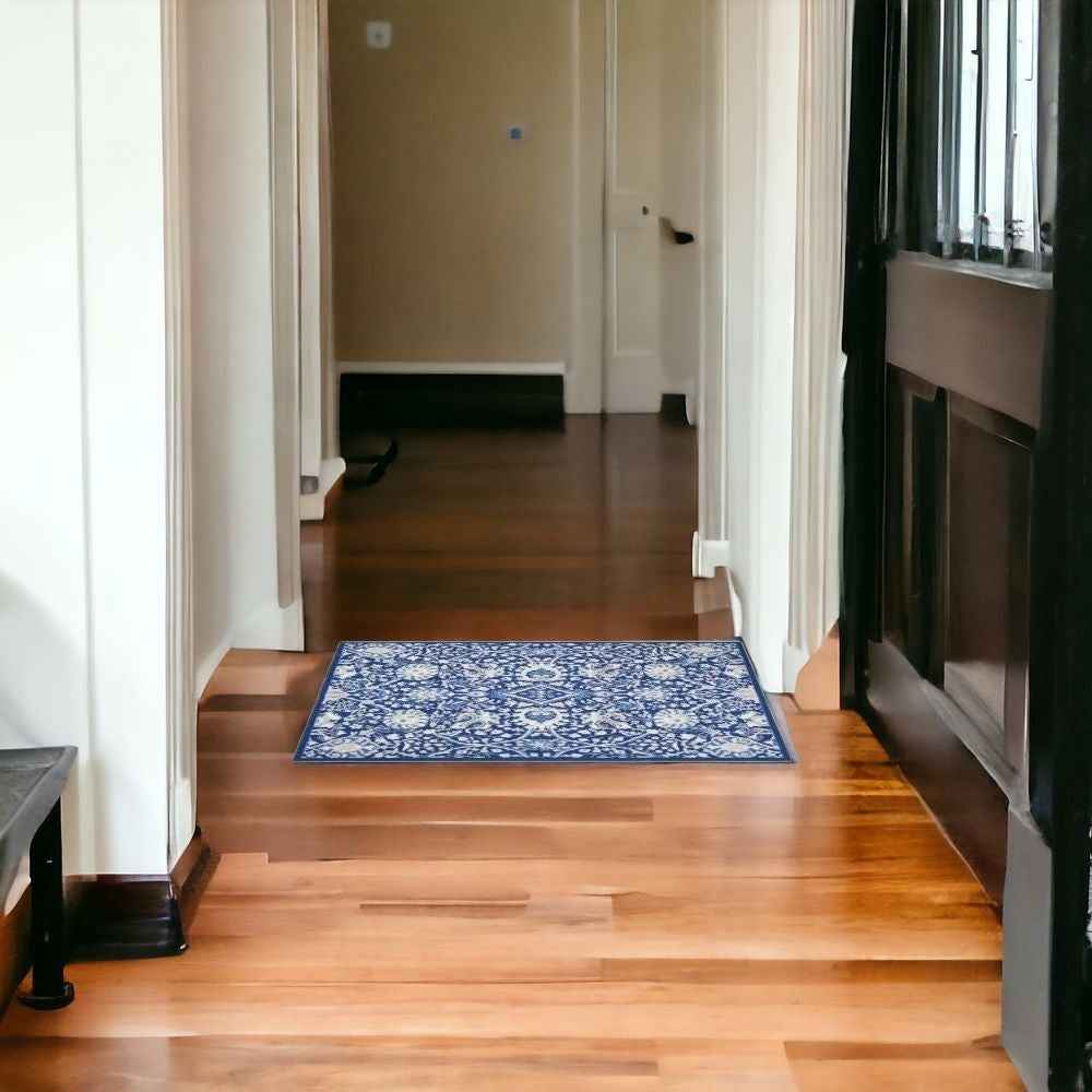 6' X 9' Navy Blue Floral Dhurrie Area Rug