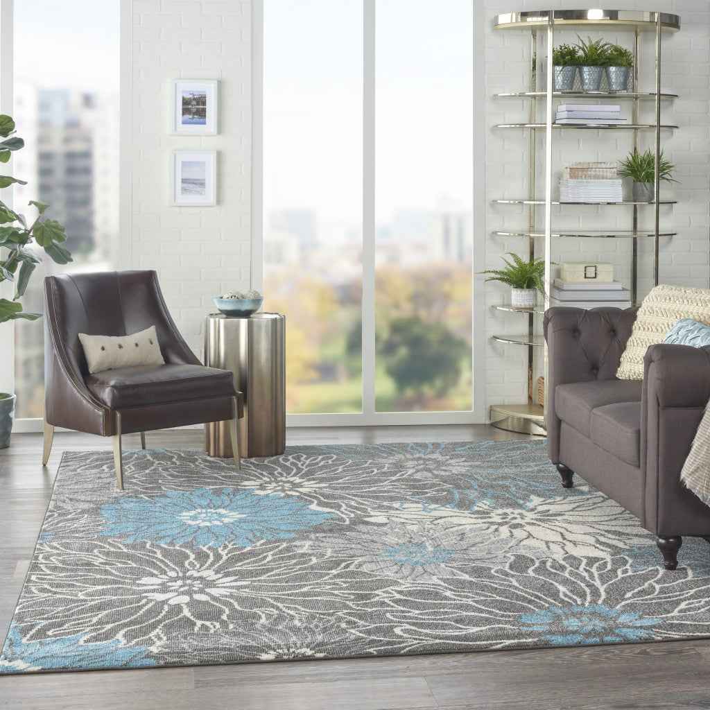 8' X 10' Blue And Gray Floral Power Loom Area Rug