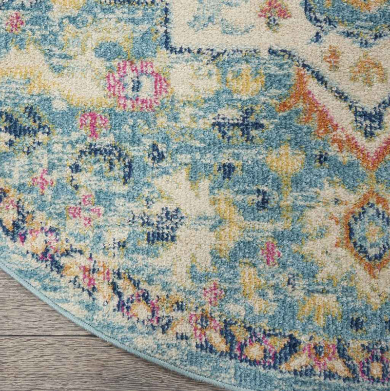5' Blue And Ivory Round Dhurrie Area Rug