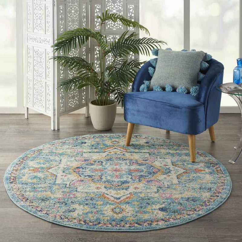 5' Blue And Ivory Round Dhurrie Area Rug