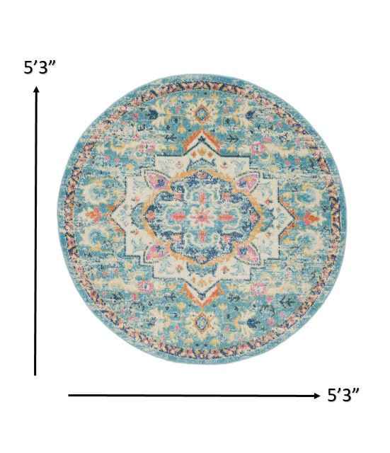5' Blue And Ivory Round Dhurrie Area Rug
