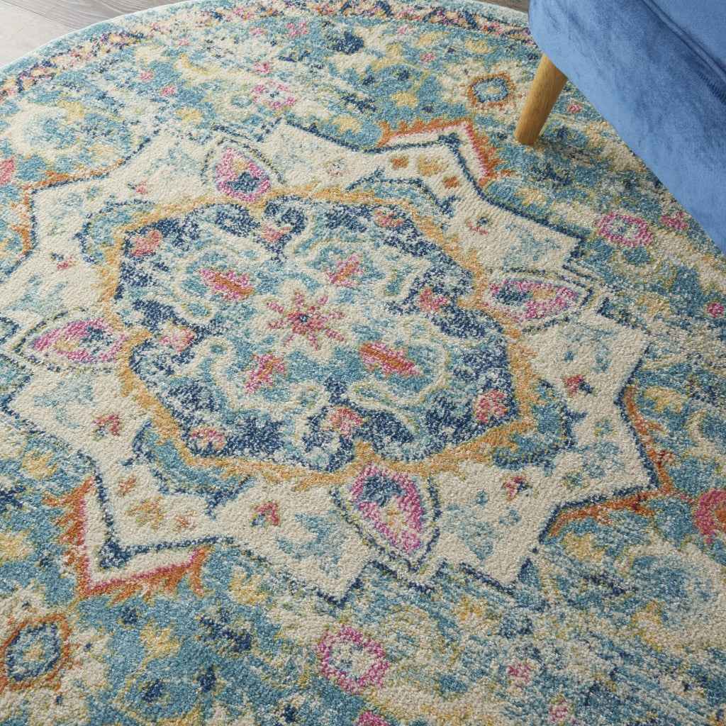 5' Blue And Ivory Round Dhurrie Area Rug