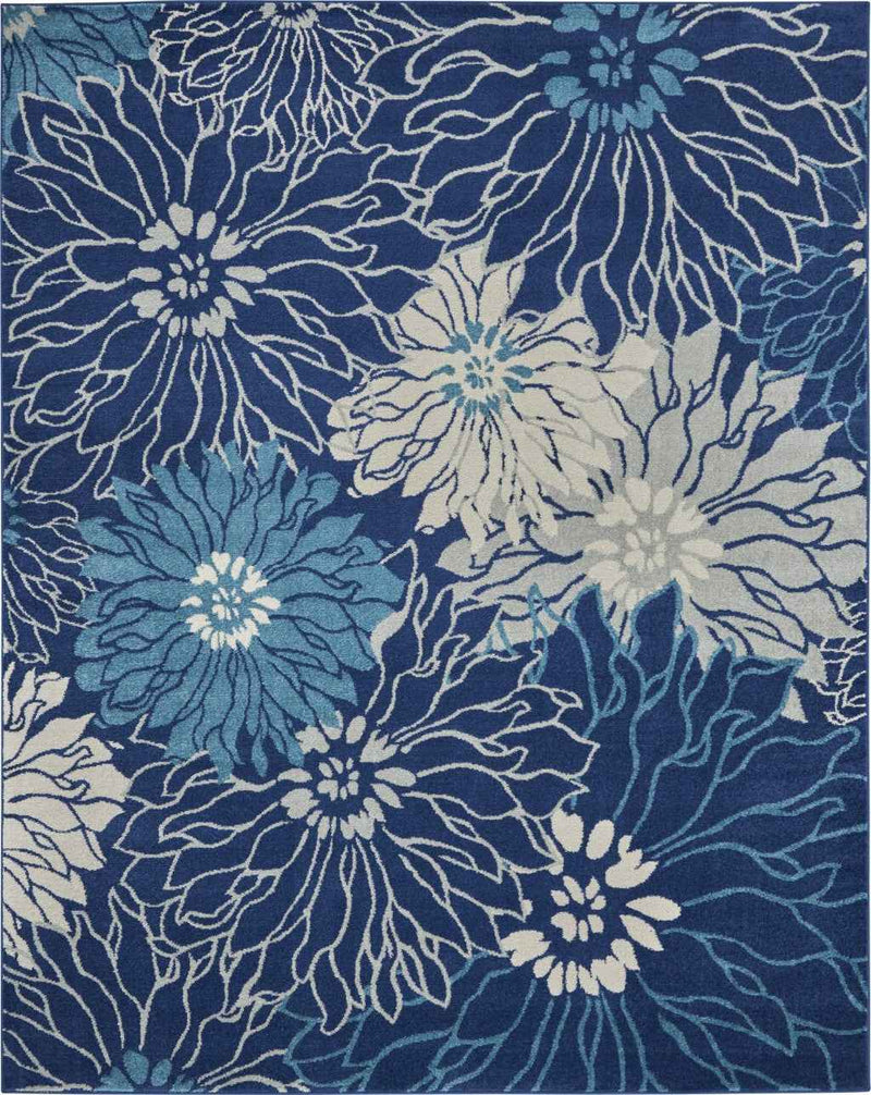 7' X 10' Blue And Ivory Floral Power Loom Area Rug