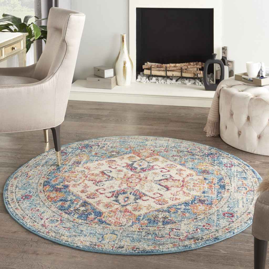 5' Blue And Ivory Round Power Loom Area Rug