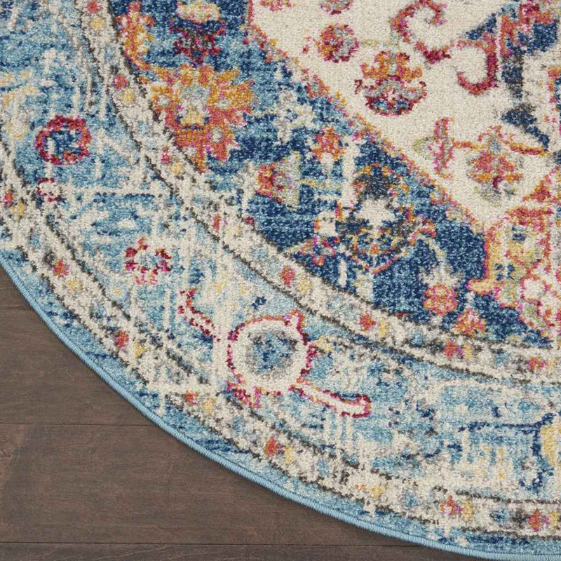 5' Blue And Ivory Round Power Loom Area Rug