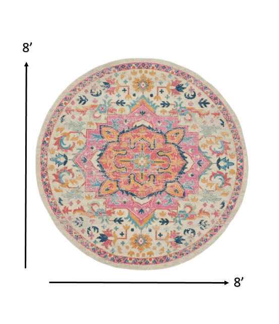 8' Pink And Ivory Round Southwestern Dhurrie Area Rug