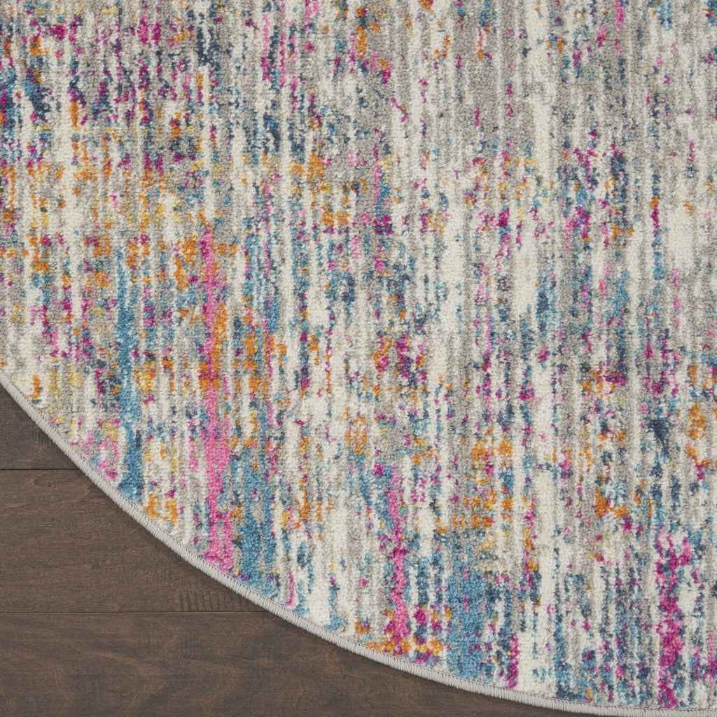 5' Pink And Ivory Round Abstract Power Loom Area Rug