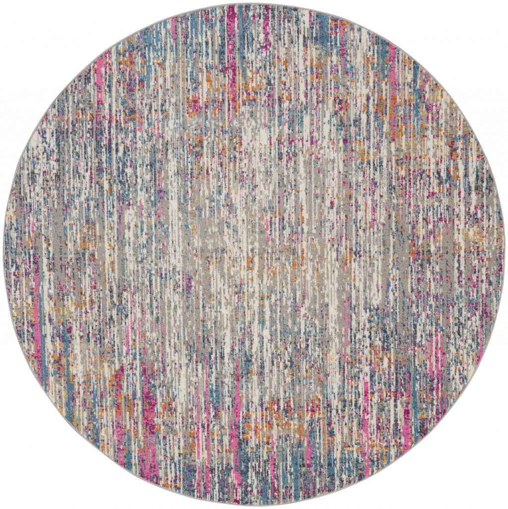 5' Pink And Ivory Round Abstract Power Loom Area Rug