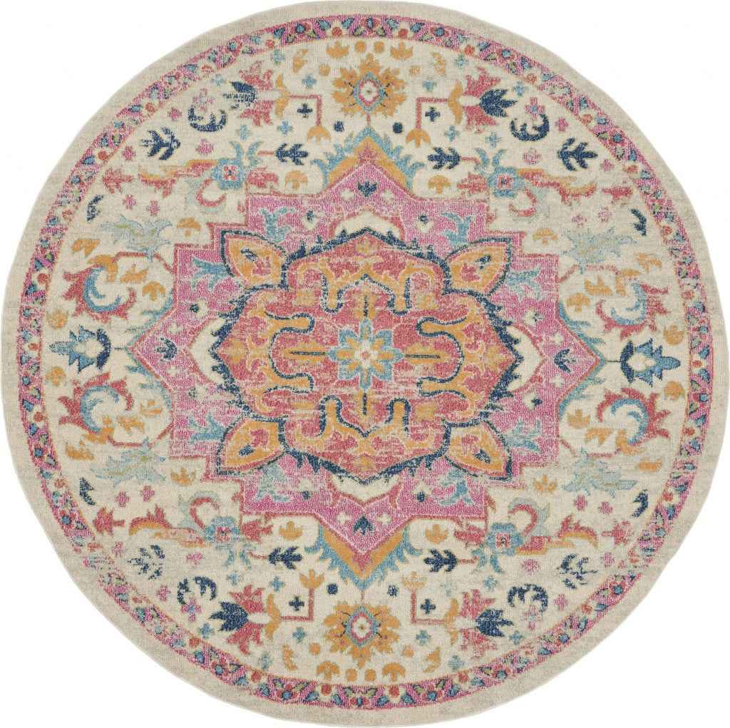 8' Pink And Ivory Round Southwestern Dhurrie Area Rug