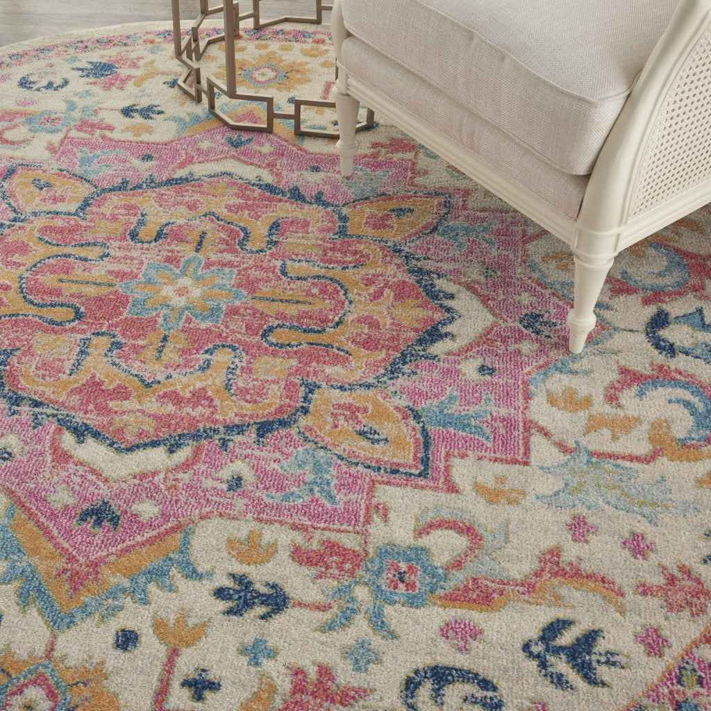 8' Pink And Ivory Round Southwestern Dhurrie Area Rug