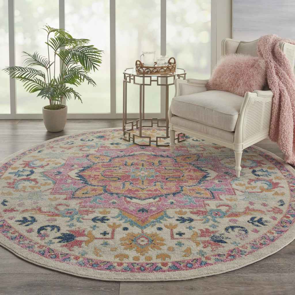 8' Pink And Ivory Round Southwestern Dhurrie Area Rug