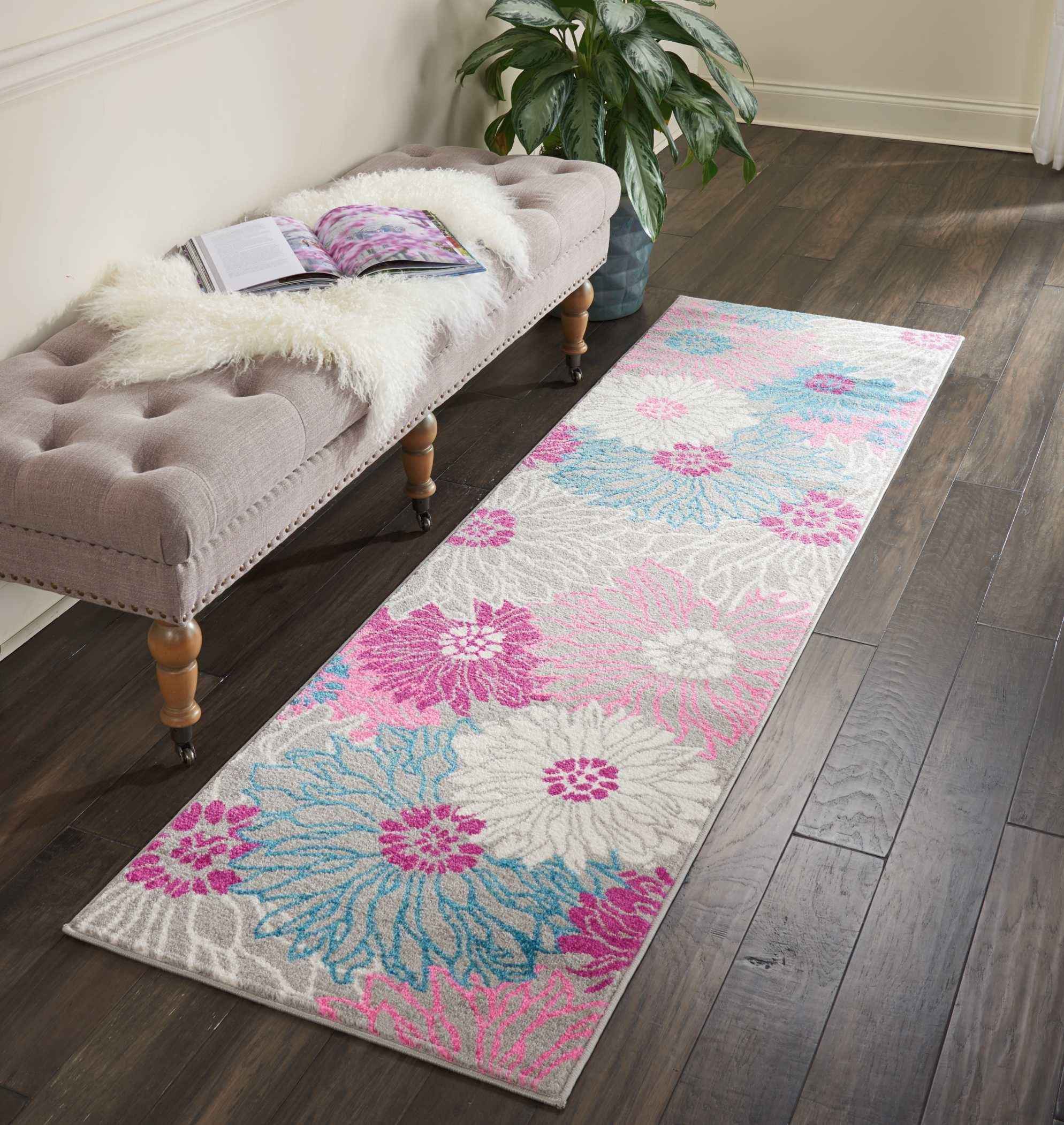 8' Gray Floral Dhurrie Runner Rug