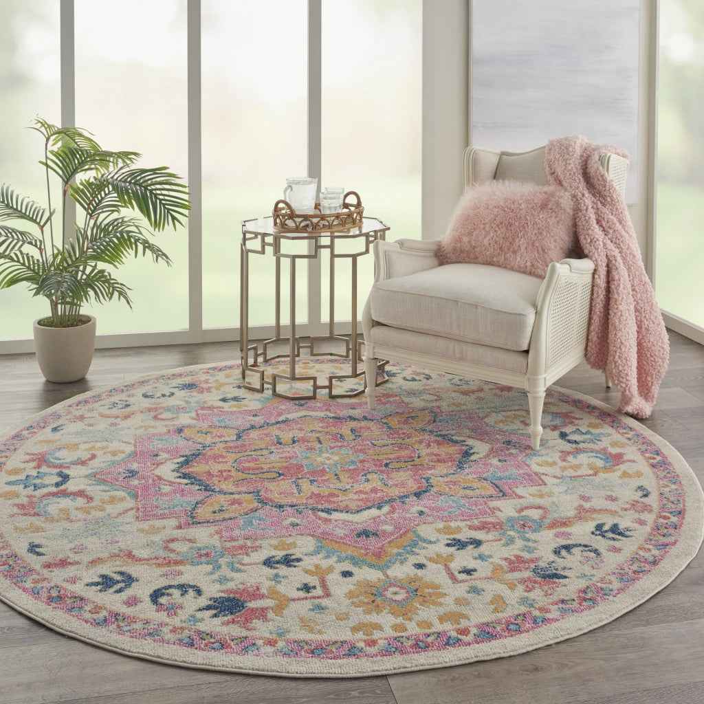 8' Pink And Ivory Round Southwestern Dhurrie Area Rug